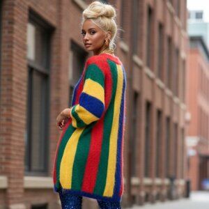 Hand Knit Bold Spectrum Heavy Cable Multi Stripe Turtle Neck long sweater